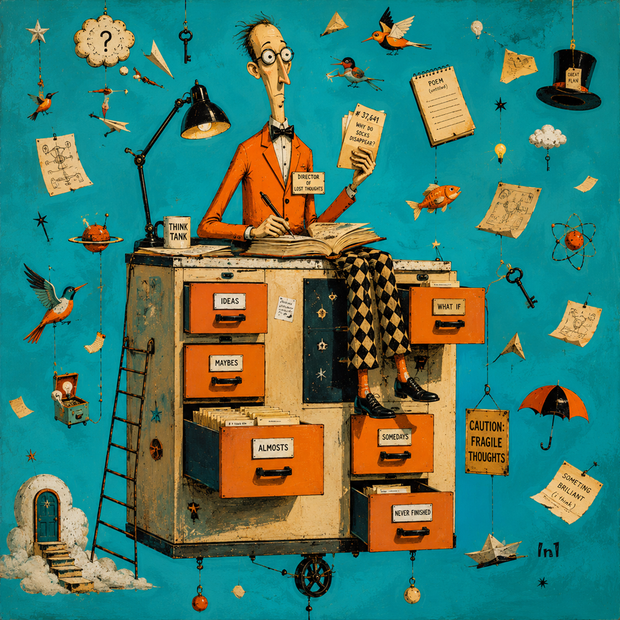Illustration of a character sitting at a desk with various objects and ideas around