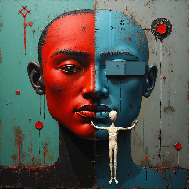 Artistic depiction of a face split between red and blue with a small figure hanging from the blue side.