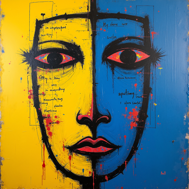 Abstract art piece with a face design on a yellow and blue background