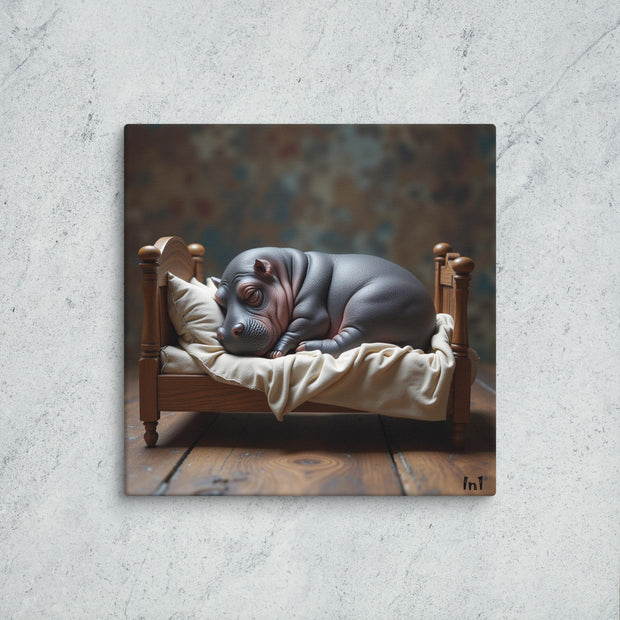 Baby Hippo asleep on a small wooden bed with a textured gray background