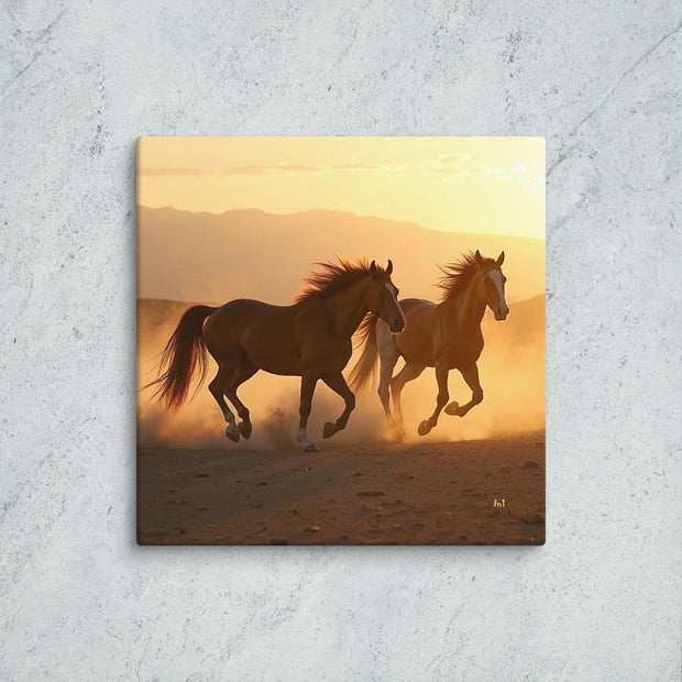 Two horses running in a desert landscape with a sunset sky.