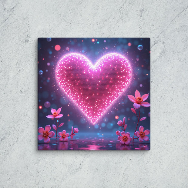 Canvas print with a pink heart and flowers on a textured gray background