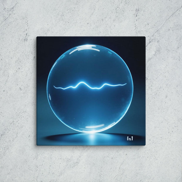 Clear blue glass sphere with lightning effect on a textured gray background