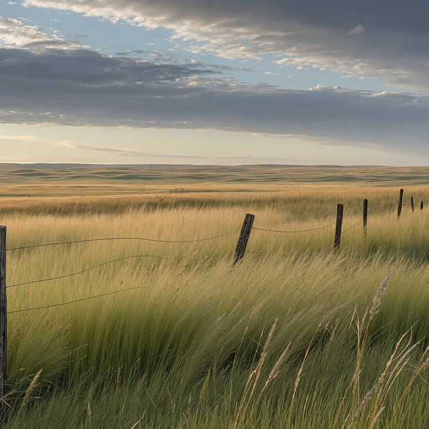 Fence post in a grassy field with a wide open landscape and cloudy sky.