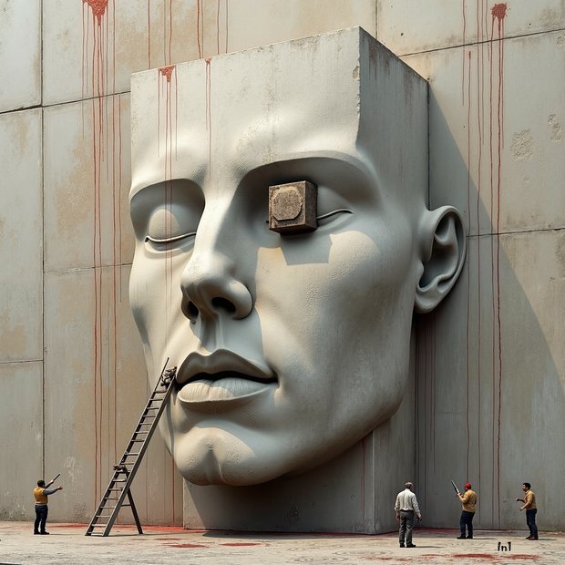 Large concrete face sculpture with workers around it on a gray wall.