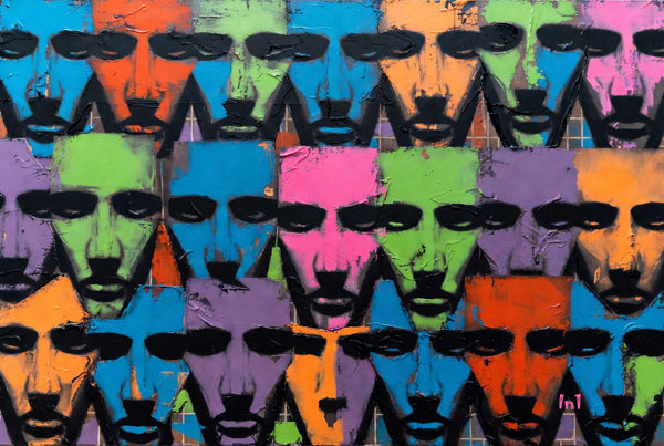 Colorful abstract pattern with faces on a textured background
