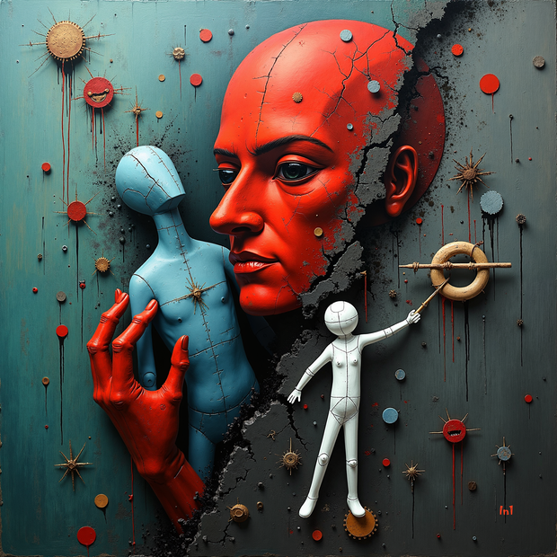 Abstract artwork with a red face, blue figure, and white figure on a textured background.