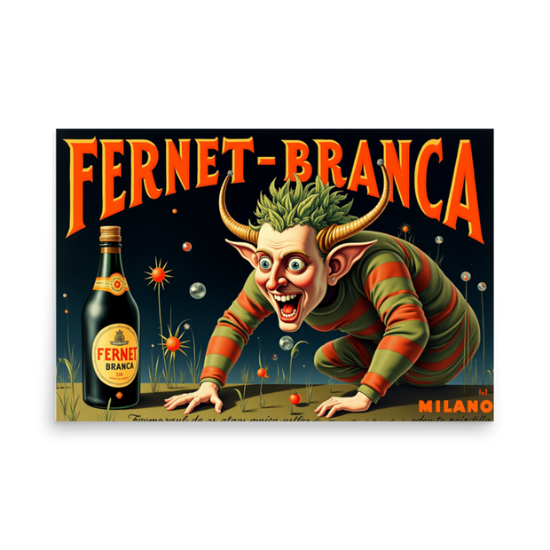 Vintage-style Fernet-Branca advertisement artwork featuring a horned goblin crawling toward a bottle, with large orange 'FERNET-BRANCA' lettering and 'MILANO' text on a dark illustrated background.