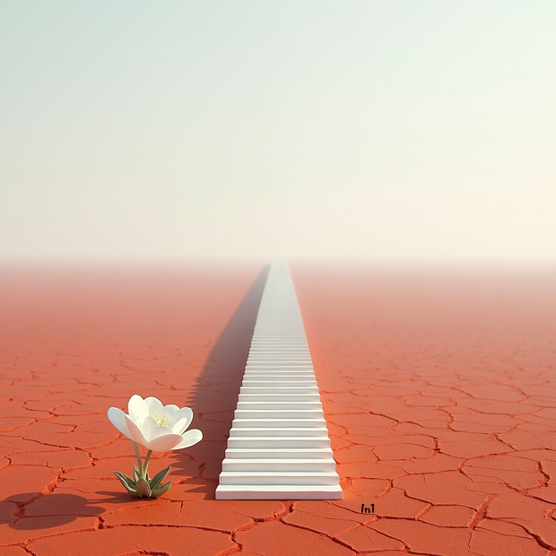 White flower growing on a cracked red surface with a white path leading towards a light source.