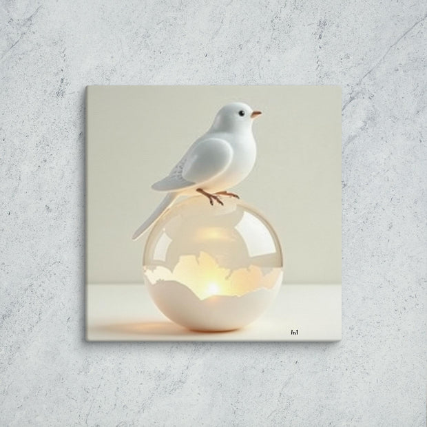White dove standing on a glass dome lit from the inside. Peaceful. White.