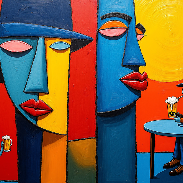 Colorful abstract painting of four figures  and drinks against a red background.