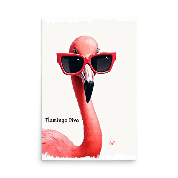 Flamingo wearing sunglasses with 'Flamingo Diva' text on a white background