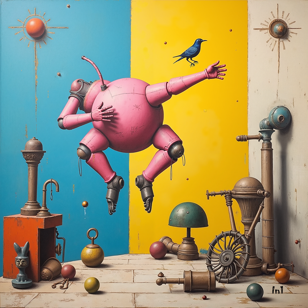 Colorful scene with a pink robot-like figure, mechanical objects, and a bird against a blue and yellow background.