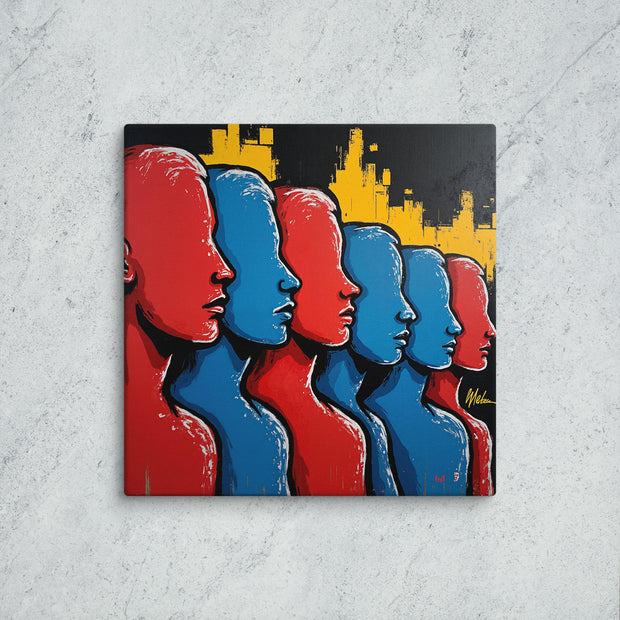 Artistic depiction of red and blue faces on a black background with yellow accents, displayed on a textured gray surface.