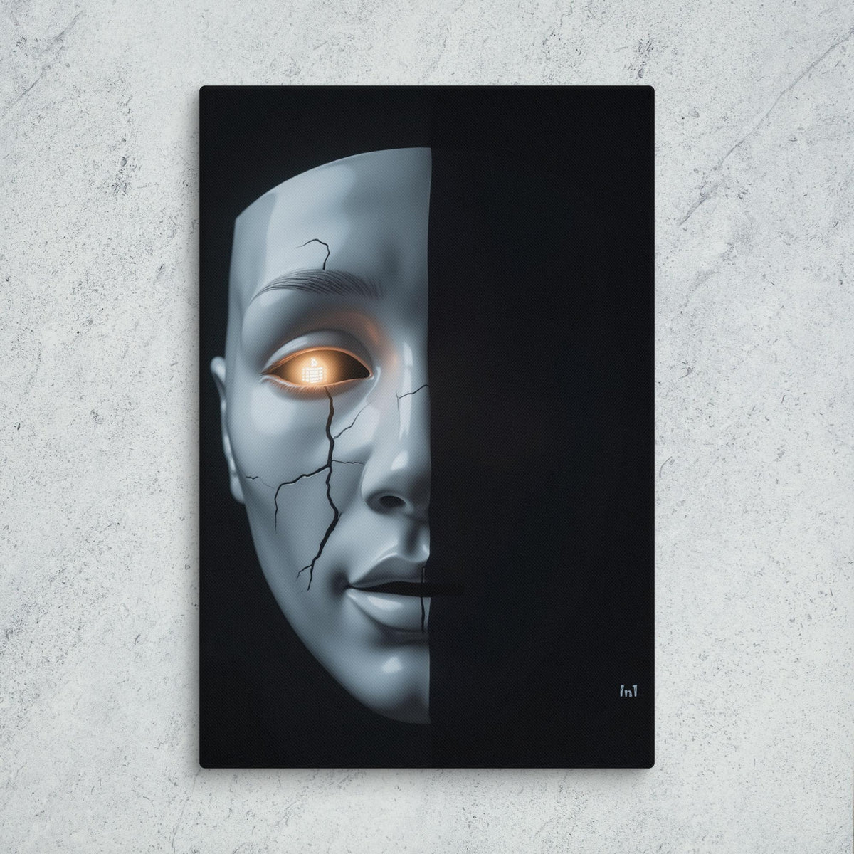 Artistic depiction of a face with a cracked glowing eye socket on a black background