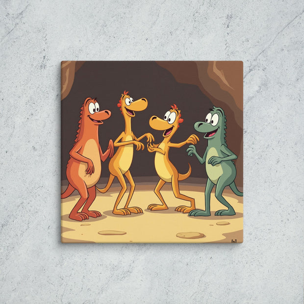 Four cartoon dinosaurs dancing on a cave background