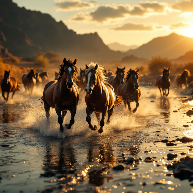 Horses running through water with mountains in the background