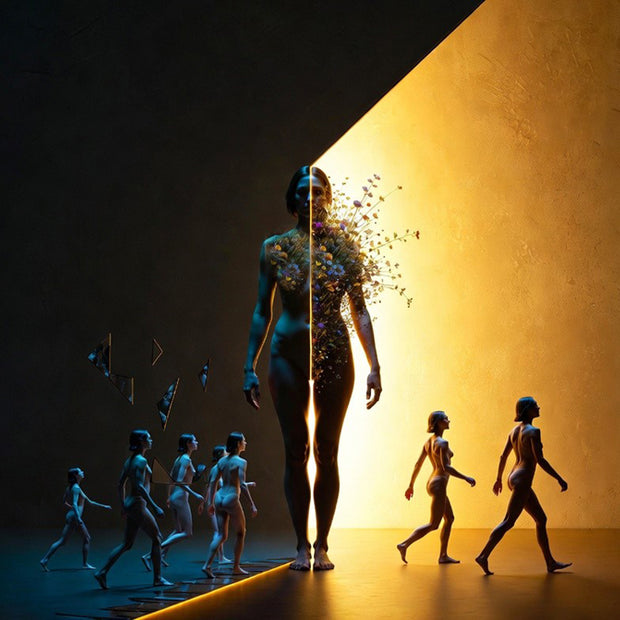 Woman with a glowing headpiece standing between two groups of people, one on each side, with a dark and warm light gradient.