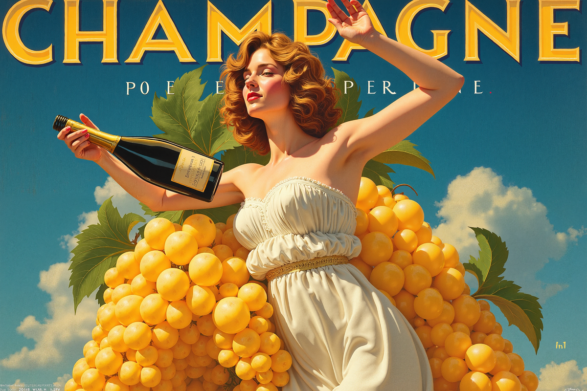 Vintage-style advertisement for champagne with a woman surrounded by grapes against a blue sky.