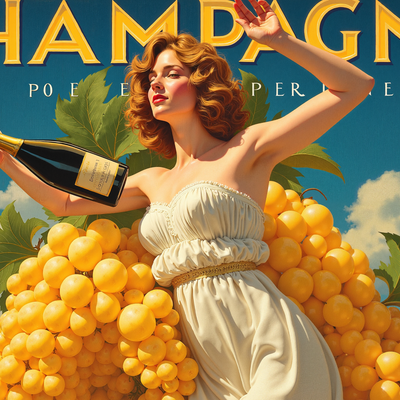 Vintage-style advertisement for champagne with a woman surrounded by grapes against a blue sky.
