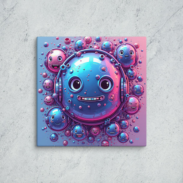 Colorful abstract art piece with bubble-like characters on a textured surface
