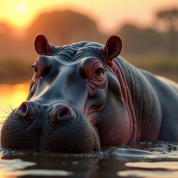 Hippopotamus partially submerged in water with a sunset background