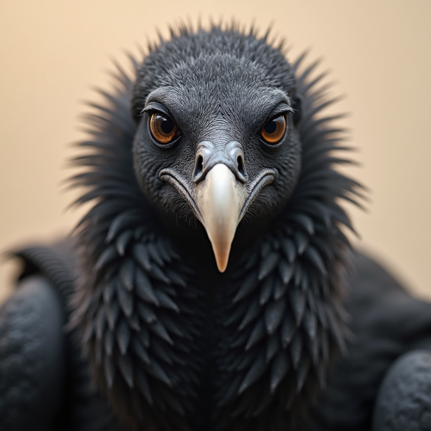 Close-up of a black hooded vulture with a blurred beige background