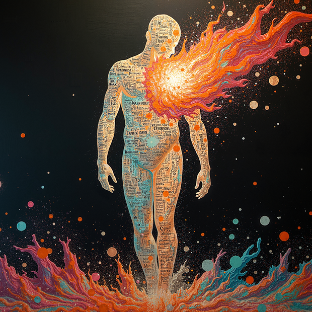 Artistic depiction of a human figure with fiery elements against a starry background