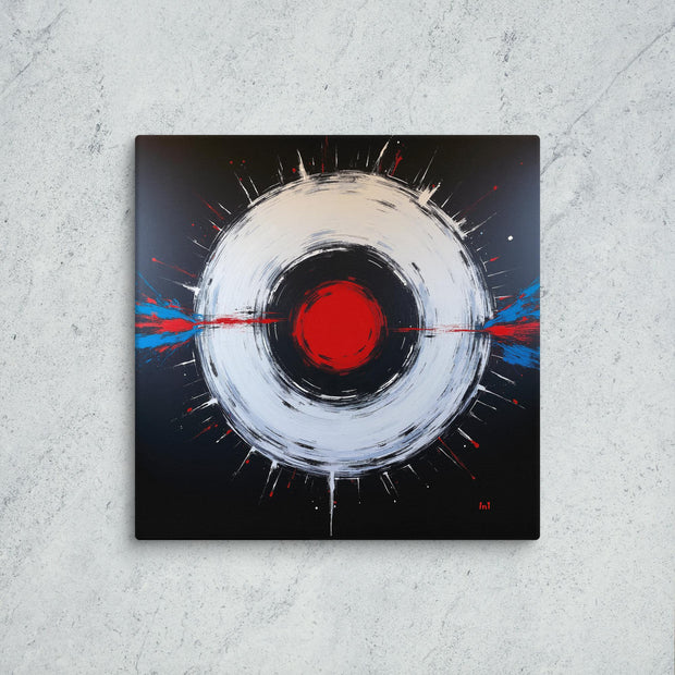 Abstract art piece with concentric circles and arrows pointing to a center target, on a textured surface