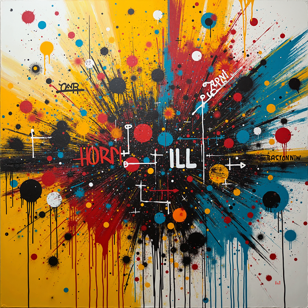 Abstract artwork with splashes of color and text on a multicolored background