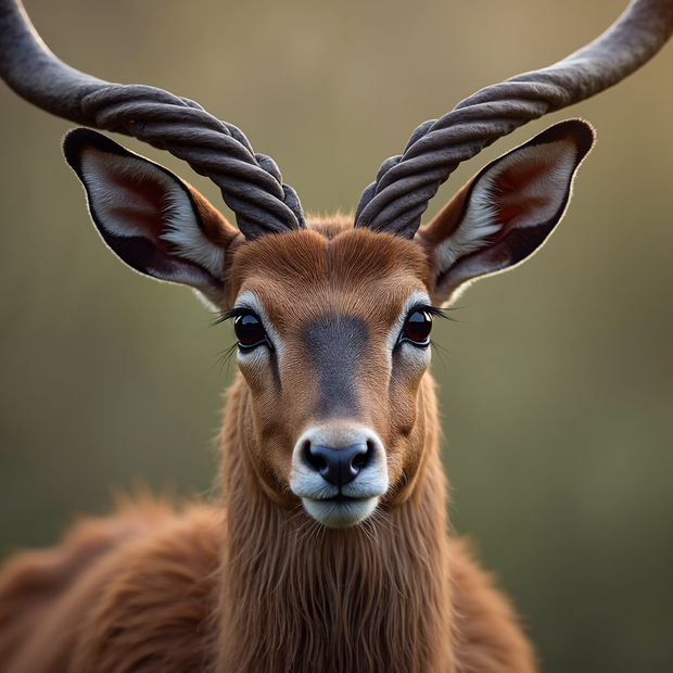 Close-up of a Impala with large antlers against a blurred background