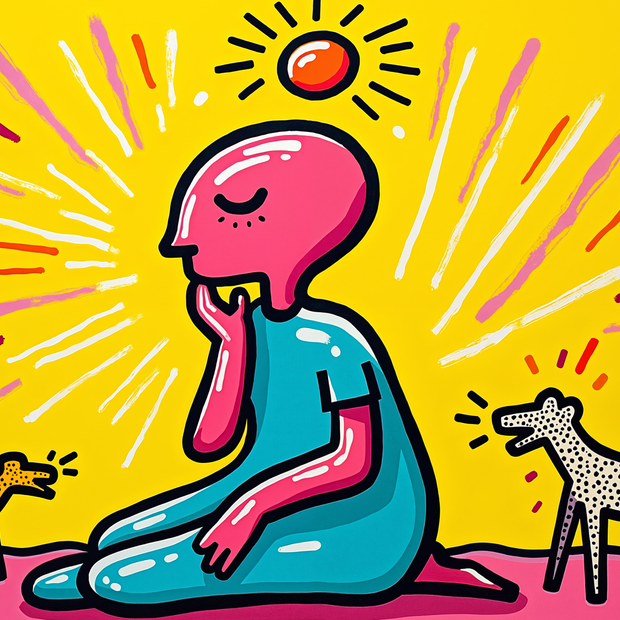 Illustration of a person sitting with two dogs on a yellow background