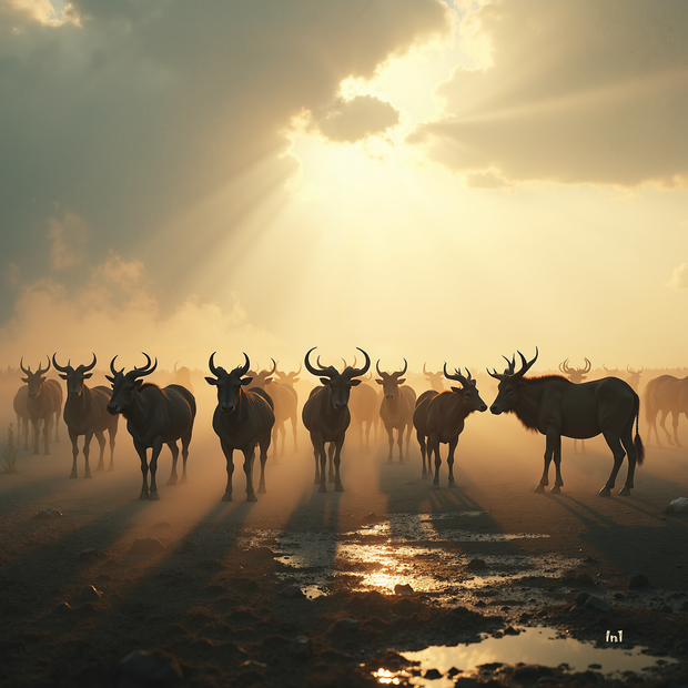 Silhouette of a herd of animals walking together with a dramatic sky.
