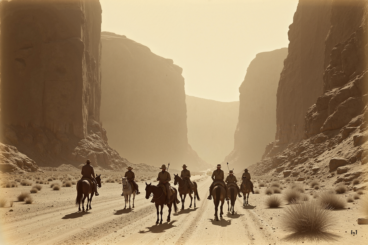 Group of cowboys on horseback traveling through a desert canyon.