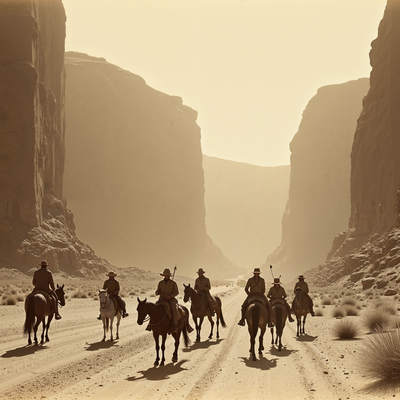 Group of cowboys on horseback traveling through a desert canyon.