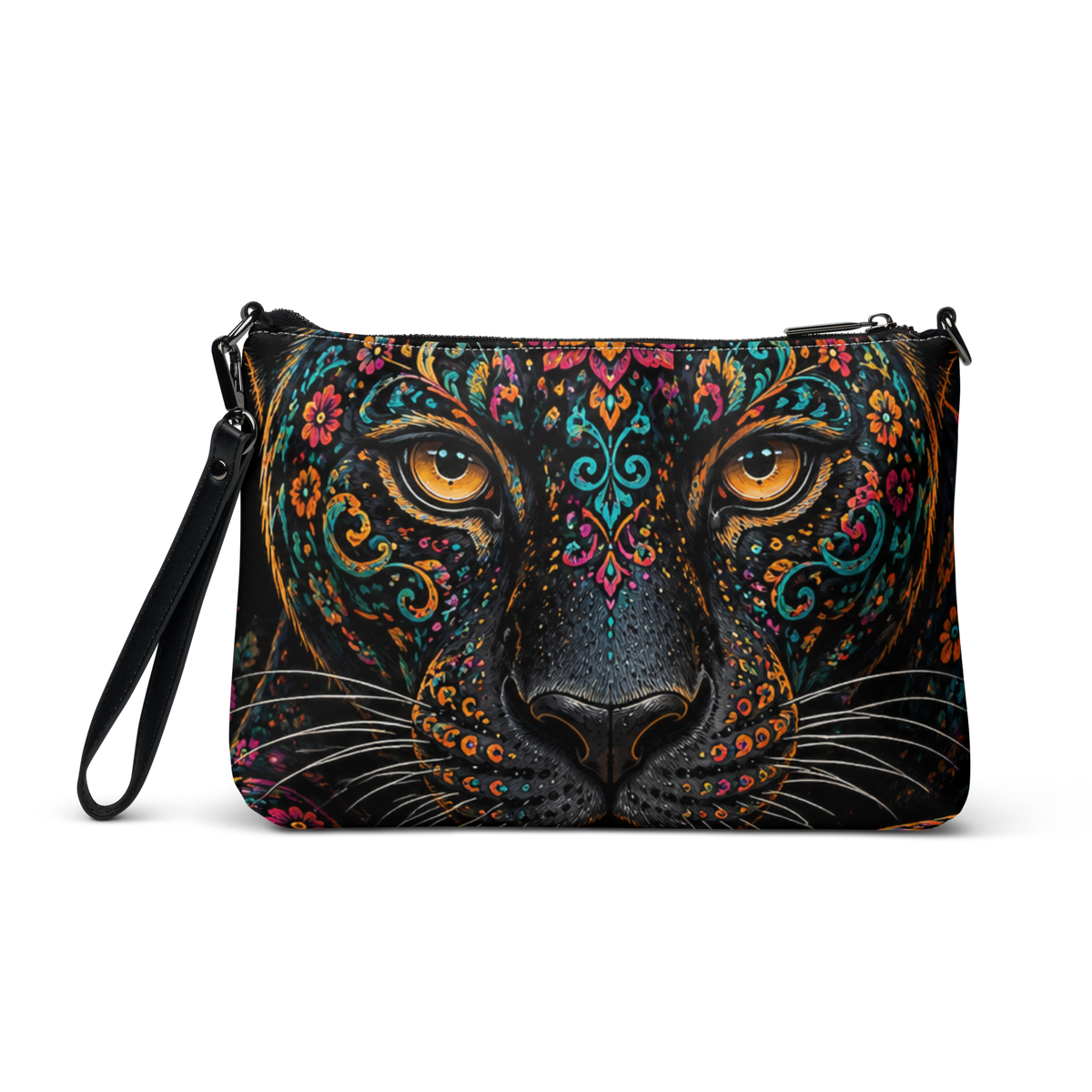 A black crossbody bag featuring a highly detailed, colorful graphic print of a leopard face with ornate mandala patterns and bright orange eyes, shown on a plain white background.