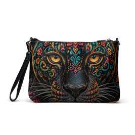 A black crossbody bag featuring a highly detailed, colorful graphic print of a leopard face with ornate mandala patterns and bright orange eyes, shown on a plain white background.