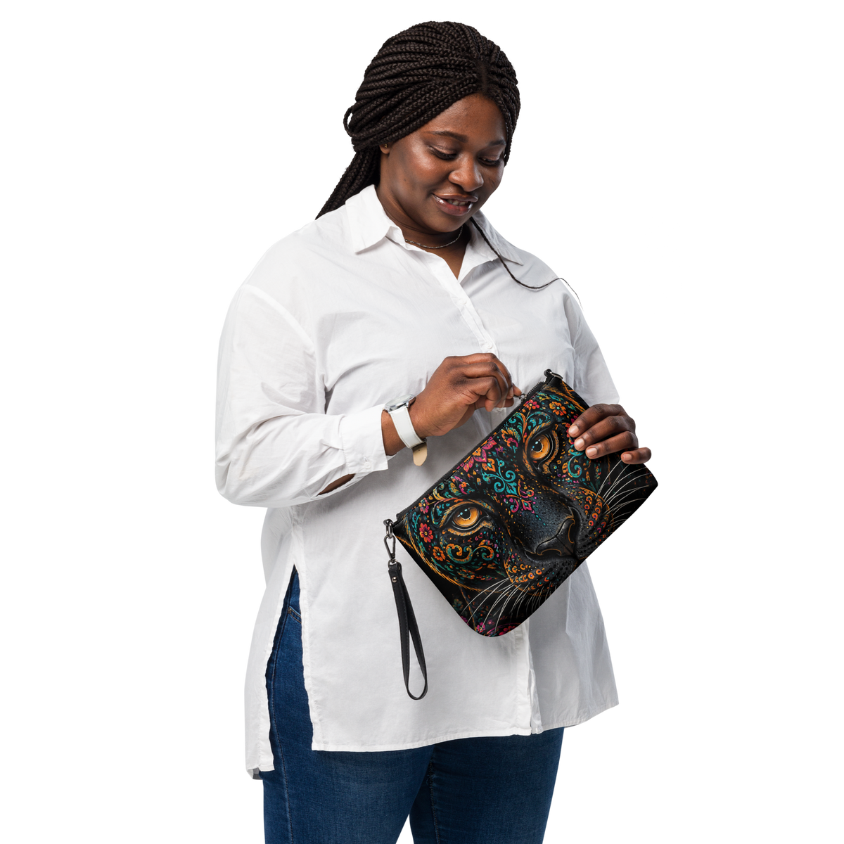 A black crossbody bag featuring a highly detailed, colorful graphic print of a leopard face with ornate mandala patterns and bright orange eyes, shown on a plain white background.