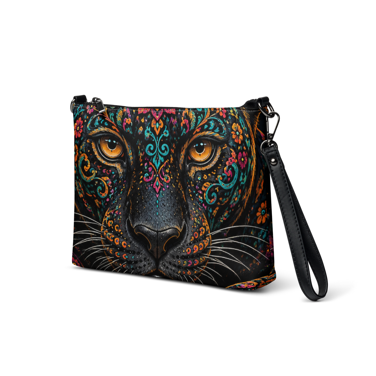 A black crossbody bag featuring a highly detailed, colorful graphic print of a leopard face with ornate mandala patterns and bright orange eyes, shown on a plain white background.