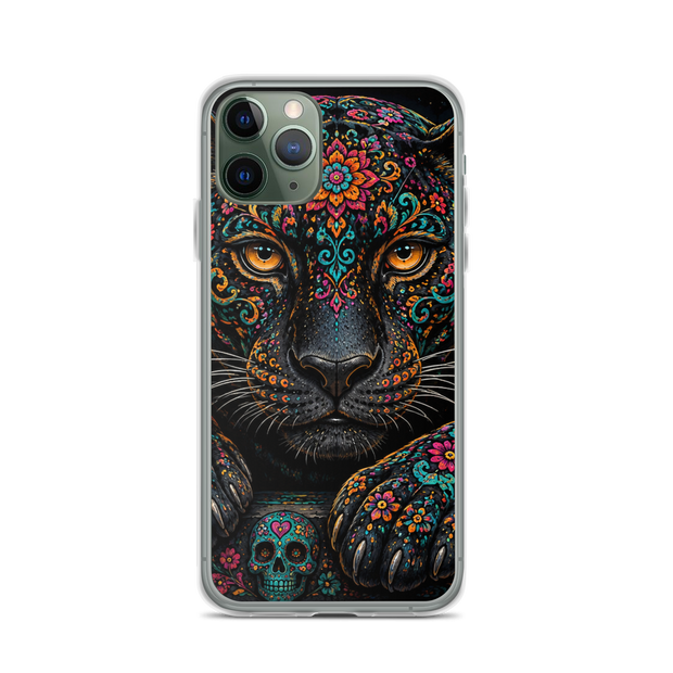 A clear iPhone case featuring a vibrant, colorful graphic print of a black panther decorated with floral patterns and a small sugar skull at the bottom, shown on a plain white background.