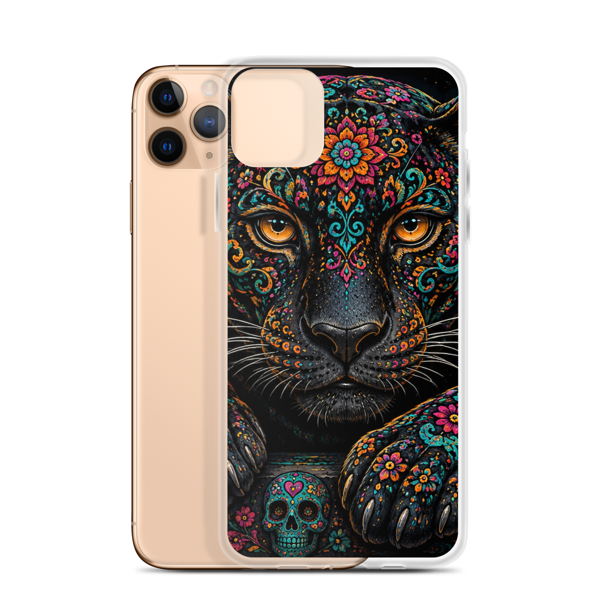 A clear-edged smartphone case shown on a phone, featuring a vivid printed design of a black panther face with colorful floral and mandala-style patterns, orange eyes, and a teal sugar skull motif near the bottom.