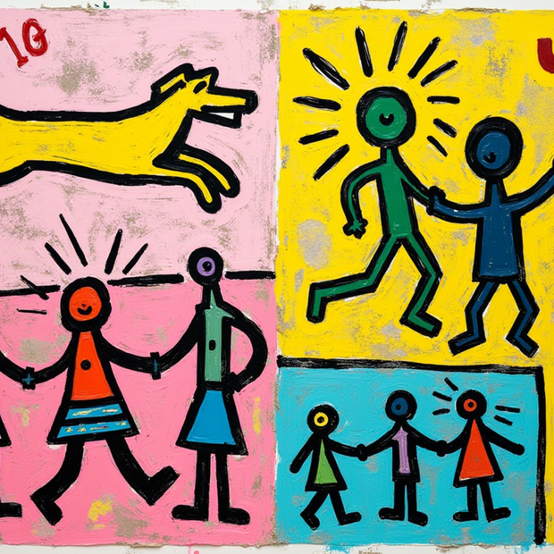 Colorful abstract artwork with figures and text. Happiness and Joy. Dog