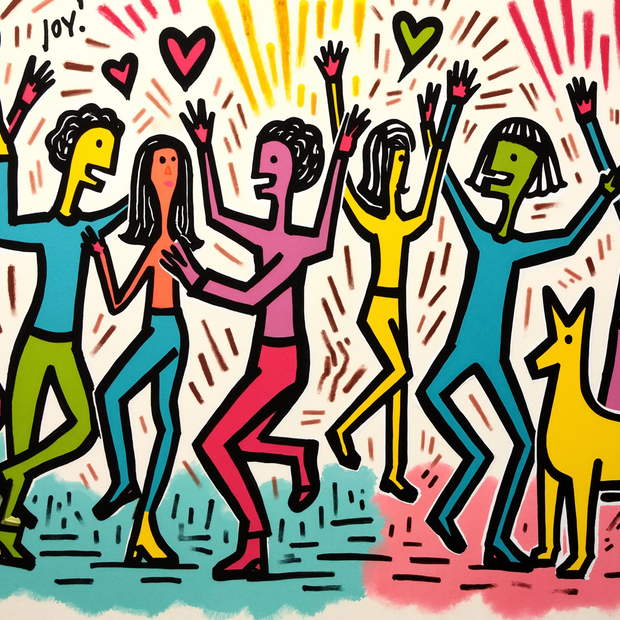 Colorful illustration of people dancing with a dog, surrounded by hearts and abstract patterns.