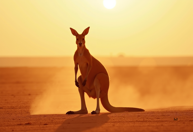 Kangaroo standing on a sandy plain with a warm, sunset-like sky.