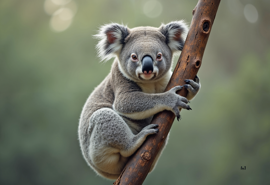 Koala bear climbing a tree branch with a blurred natural background
