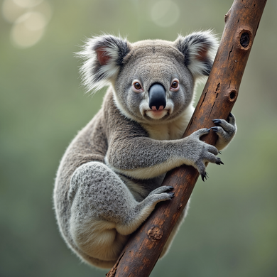 Koala bear climbing a tree branch with a blurred natural background