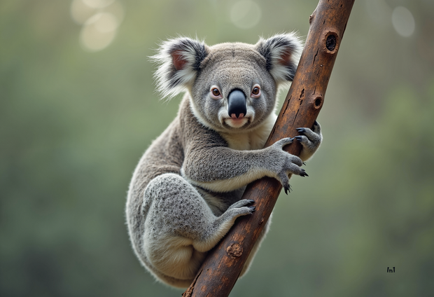 Koala bear climbing a tree branch with a blurred natural background