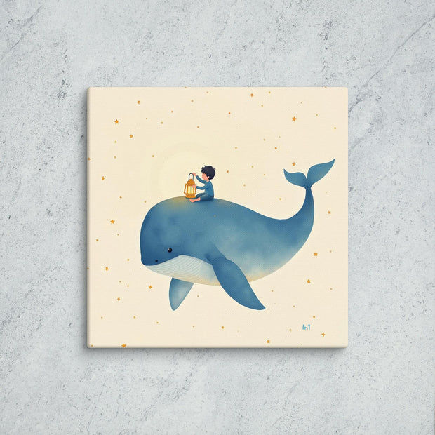 Young boy riding on a whale holding a lantern to guide him