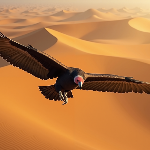 Lappet-Faced Vulture flying over sand dunes in a desert landscape