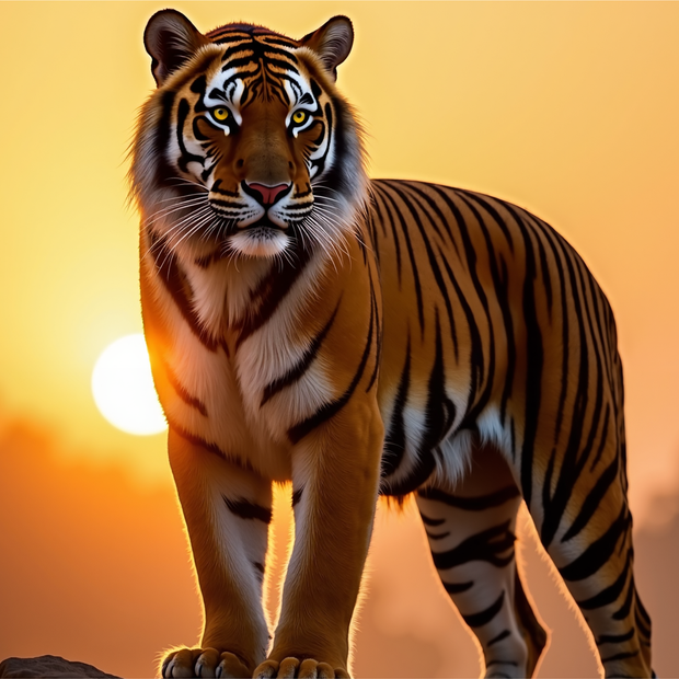 Bengal Tiger standing on a rock with a sunset or sunrise in the background